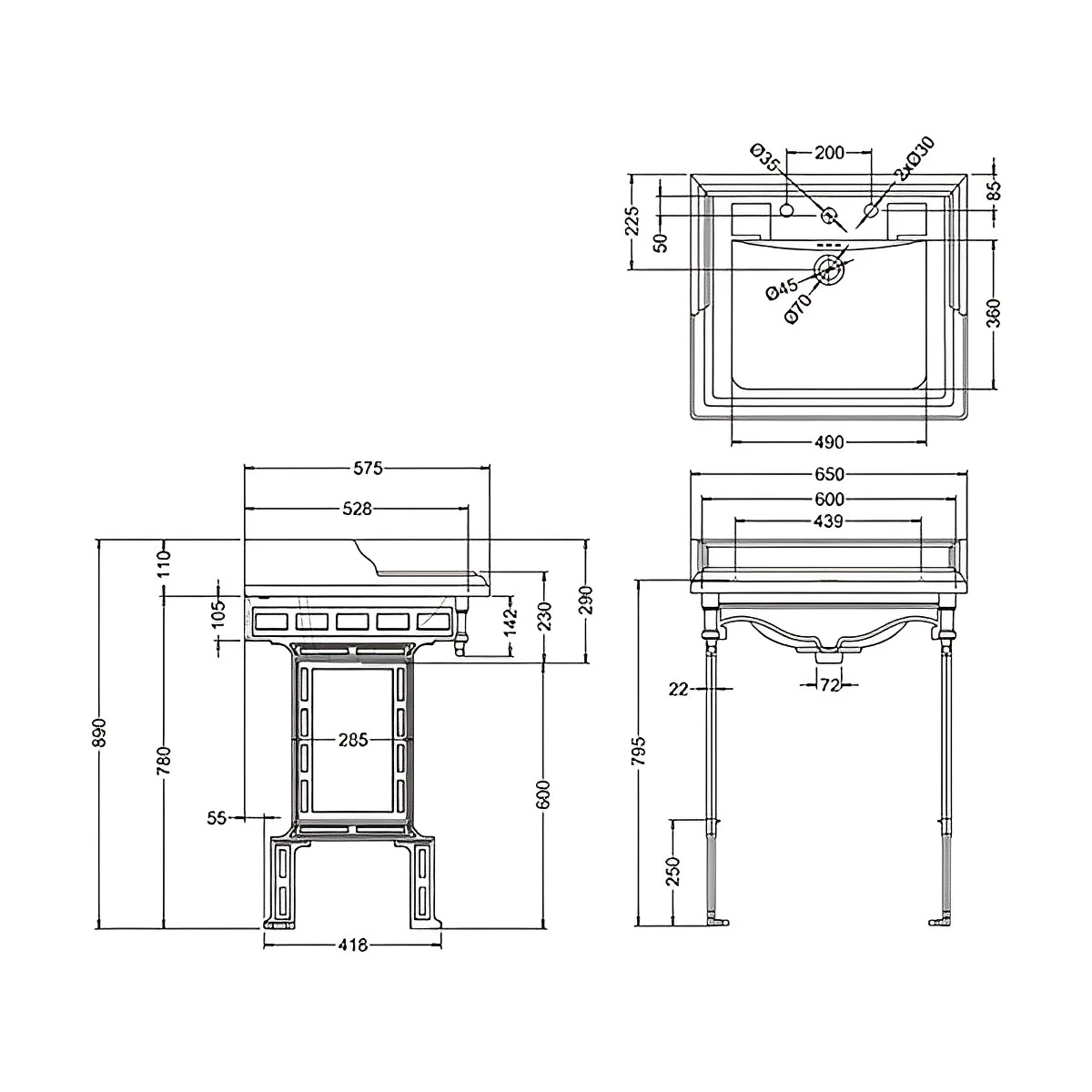 Burlington Classic Basin With White Wash Stand 650mm Wide 3 Tap Hole 4 Burlington Classic Basin With White Wash Stand 650mm Wide 3 Tap Hole - Image 2