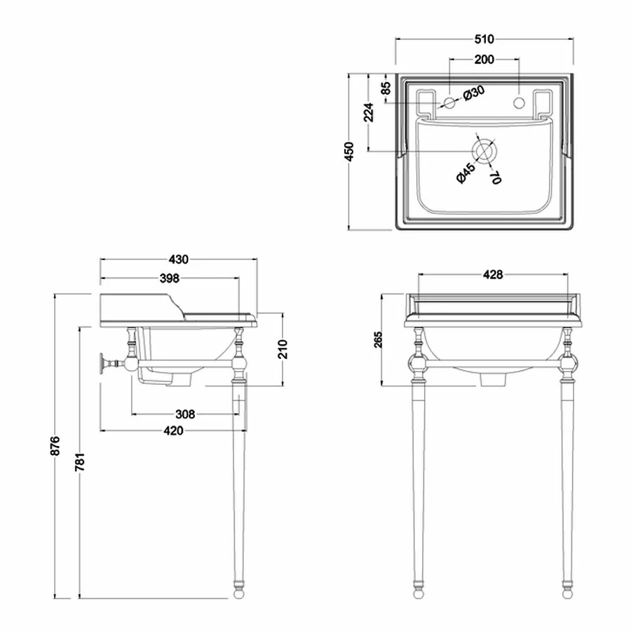 Burlington Classic Square Basin With Chrome Wash Stand 500mm Wide - 1 Tap Hole 3 Burlington Classic Square Basin With Chrome Wash Stand 500mm Wide - 1 Tap Hole