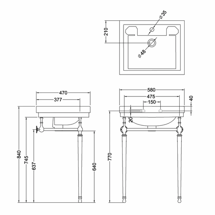 Burlington Contemporary Basin With Extended Regal Chrome Wash Stand 580mm Wide 1 Tap Hole 4 Burlington Contemporary Basin With Extended Regal Chrome Wash Stand 580mm Wide 1 Tap Hole - Image 2