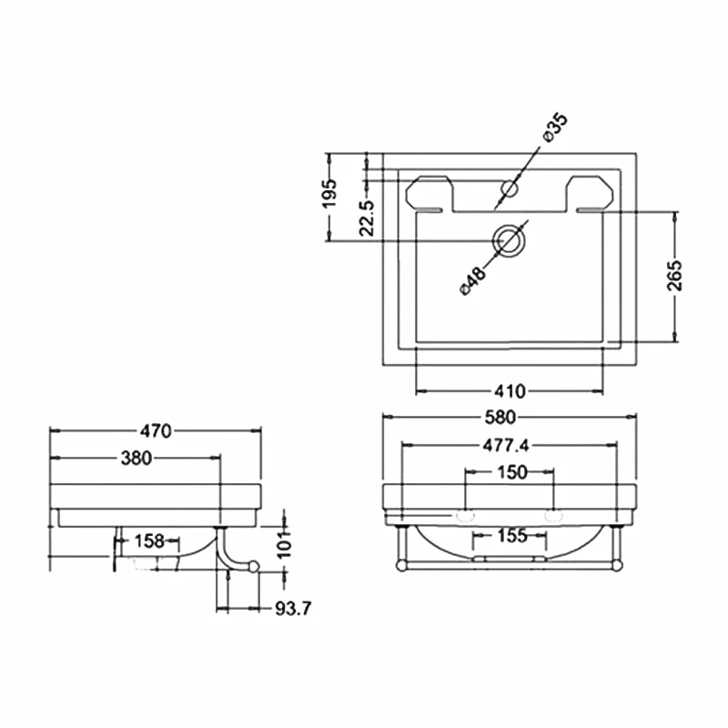 Burlington Contemporary Basin With Towel Rail 580mm Wide 2 Tap Hole 4 Burlington Contemporary Basin With Towel Rail 580mm Wide 2 Tap Hole - Image 2