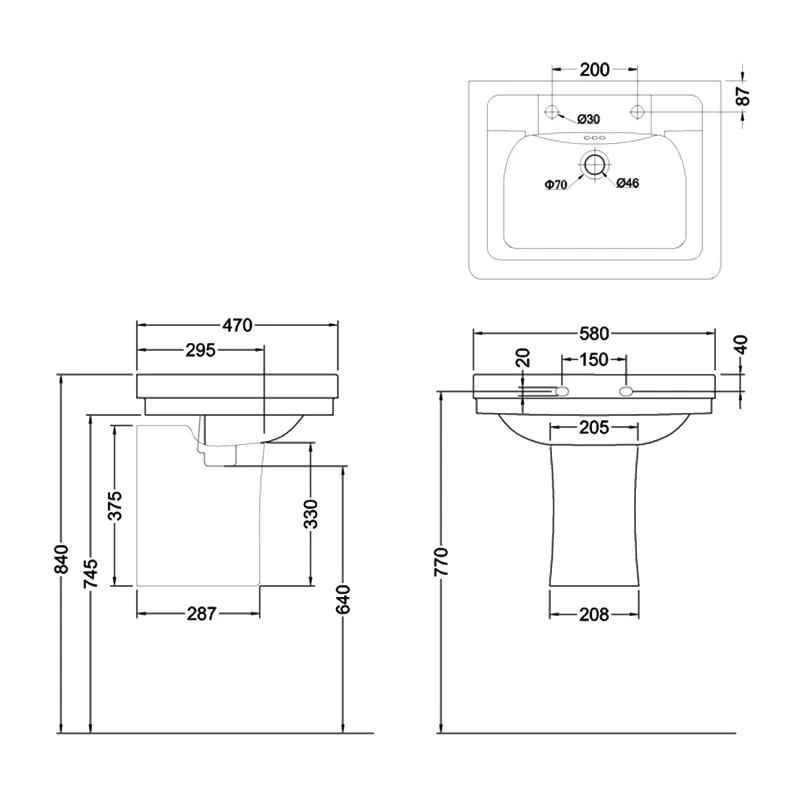 Burlington Contemporary Basin With Semi Pedestal 580mm Wide 2 Tap Hole 4 Burlington Contemporary Basin With Semi Pedestal 580mm Wide 2 Tap Hole - Image 2