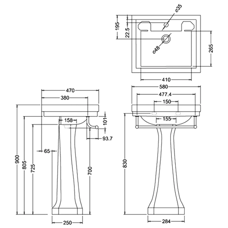 Burlington Contemporary Basin With Regal Full Pedestal 580mm Wide 2 Tap Hole 4 Burlington Contemporary Basin With Regal Full Pedestal 580mm Wide 2 Tap Hole - Image 2