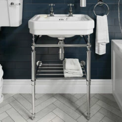 Burlington Contemporary Basin With Chrome Wash Stand 580mm Wide 2 Tap Hole