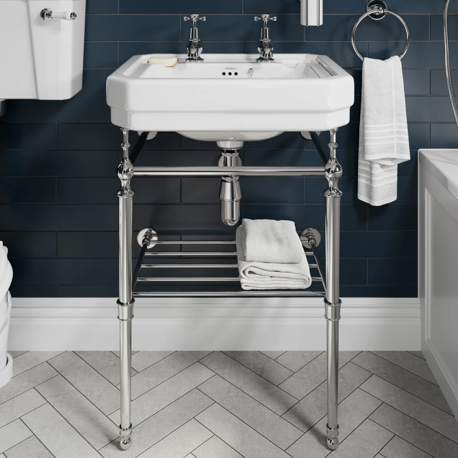 Burlington Contemporary Basin With Chrome Wash Stand 580mm Wide 2 Tap Hole 3 Burlington Contemporary Basin With Chrome Wash Stand 580mm Wide 2 Tap Hole