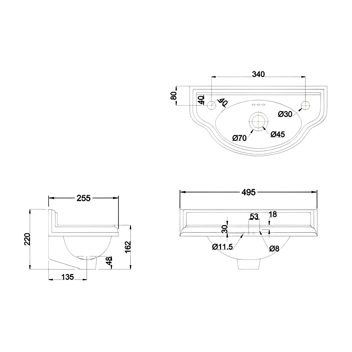 Burlington Curved Wall Hung Cloakroom Basin 505mm Wide 2 Tap Hole 3 Burlington Curved Wall Hung Cloakroom Basin 505mm Wide 2 Tap Hole