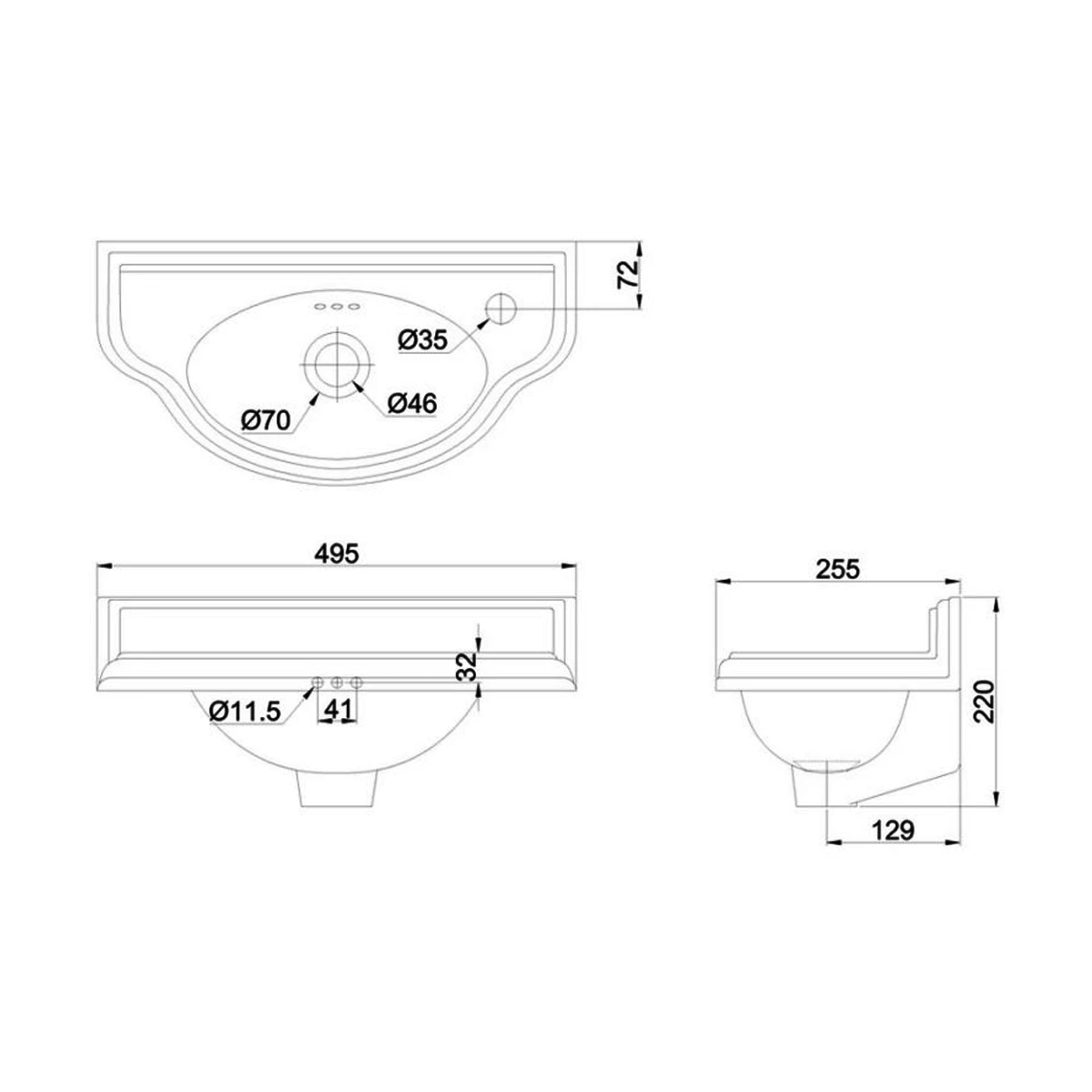 Burlington Curved Wall Hung Cloakroom Basin 510mm Wide RH Tap Hole 4 Burlington Curved Wall Hung Cloakroom Basin 510mm Wide RH Tap Hole - Image 2