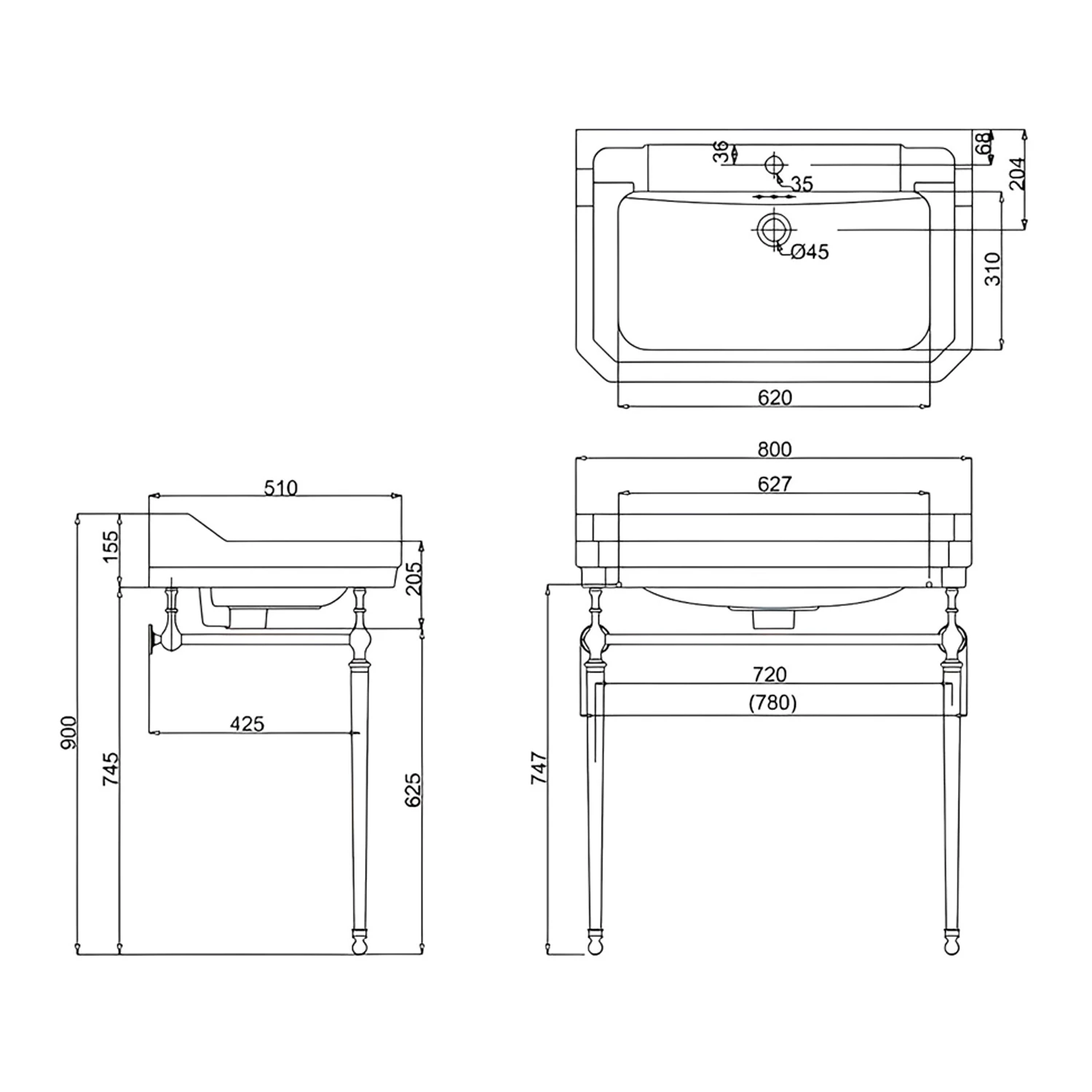 Burlington Edwardian Basin With Chrome Wash Stand 800mm Wide 1 Tap Hole 5 Burlington Edwardian Basin With Chrome Wash Stand 800mm Wide 1 Tap Hole - Image 3