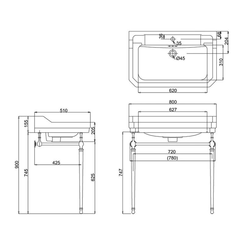 Burlington Edwardian Basin With Regal Chrome Wash Stand 800mm Wide 1 Tap Hole 4 Burlington Edwardian Basin With Regal Chrome Wash Stand 800mm Wide 1 Tap Hole - Image 2