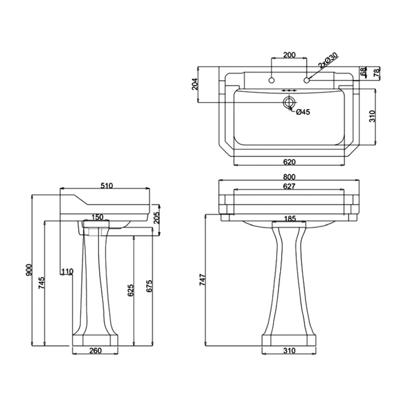 Burlington Edwardian Basin With Full Pedestal 800mm Wide 2 Tap Hole 4 Burlington Edwardian Basin With Full Pedestal 800mm Wide 2 Tap Hole - Image 2