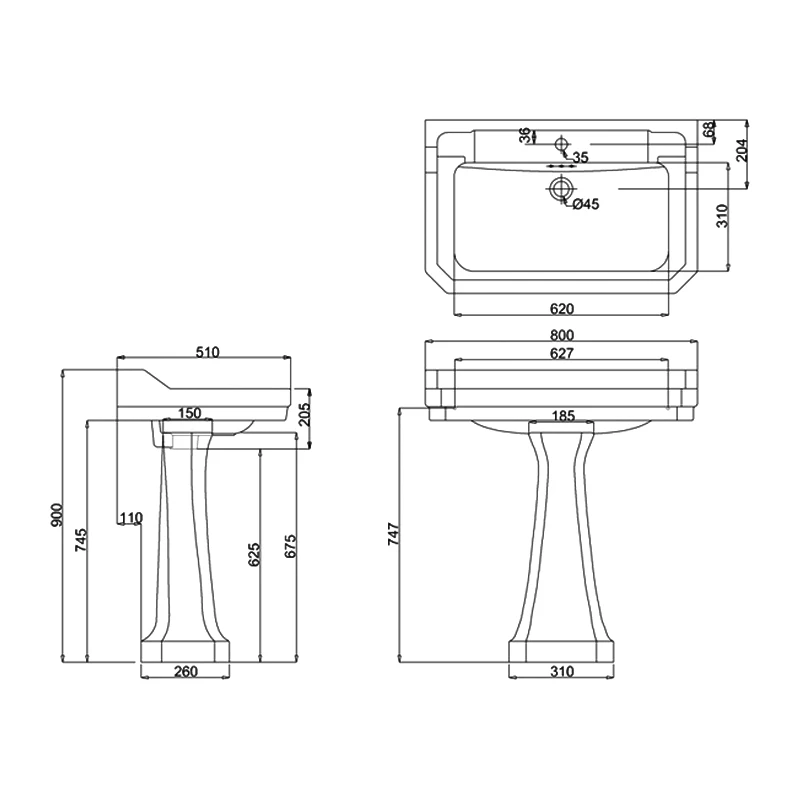 Burlington Edwardian Basin With Full Pedestal 800mm Wide 3 Tap Hole 4 Burlington Edwardian Basin With Full Pedestal 800mm Wide 3 Tap Hole - Image 2