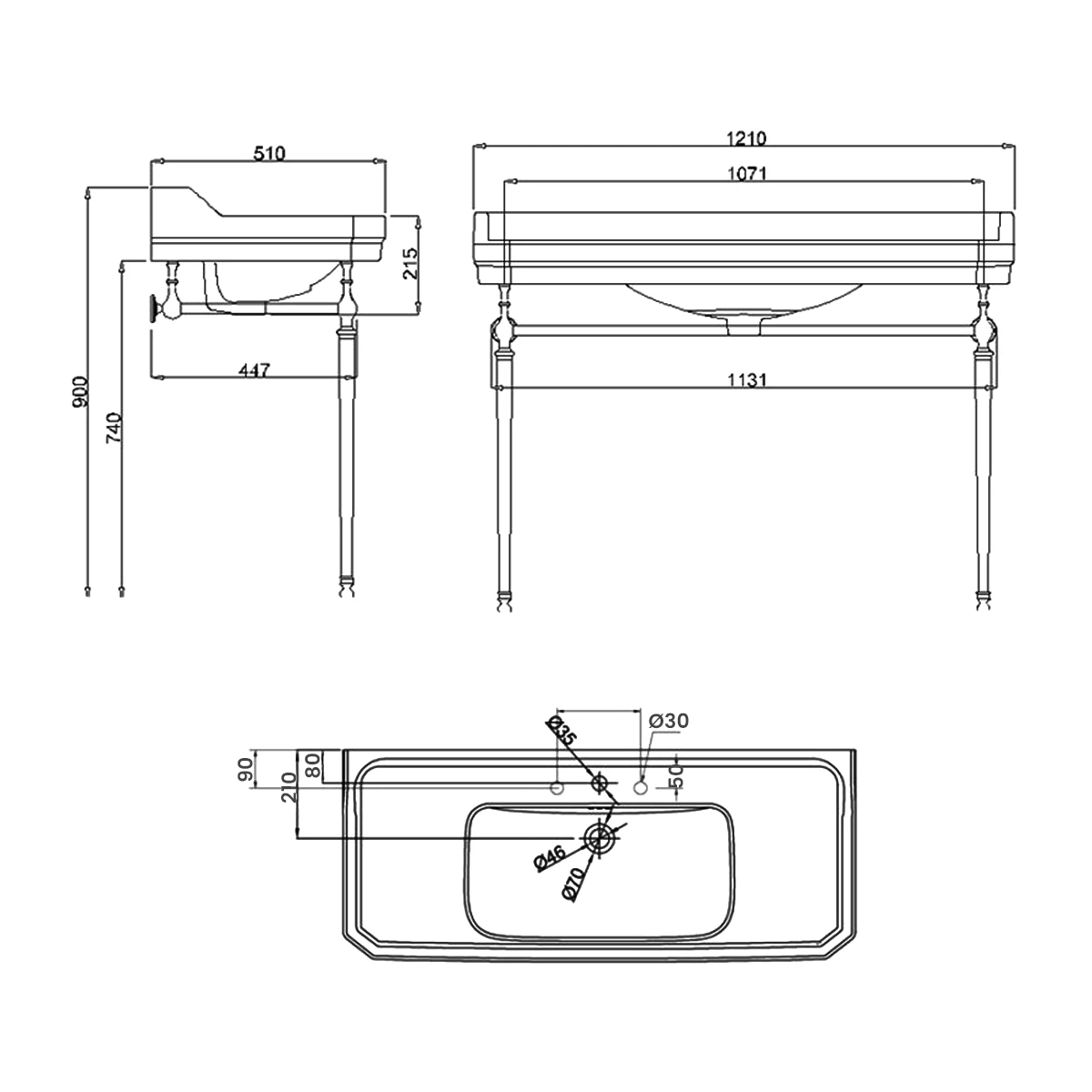 Burlington Edwardian Basin With Chrome Wash Stand 1200mm Wide 3TH - Jet Black 4 Burlington Edwardian Basin With Chrome Wash Stand 1200mm Wide 3TH - Jet Black - Image 2