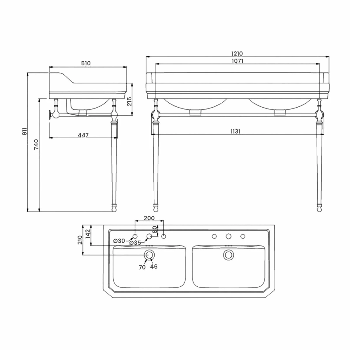 Burlington Edwardian Double Basin 1200mm Wide And Wash Stand - 2 Tap Hole 4 Burlington Edwardian Double Basin 1200mm Wide And Wash Stand - 2 Tap Hole - Image 2