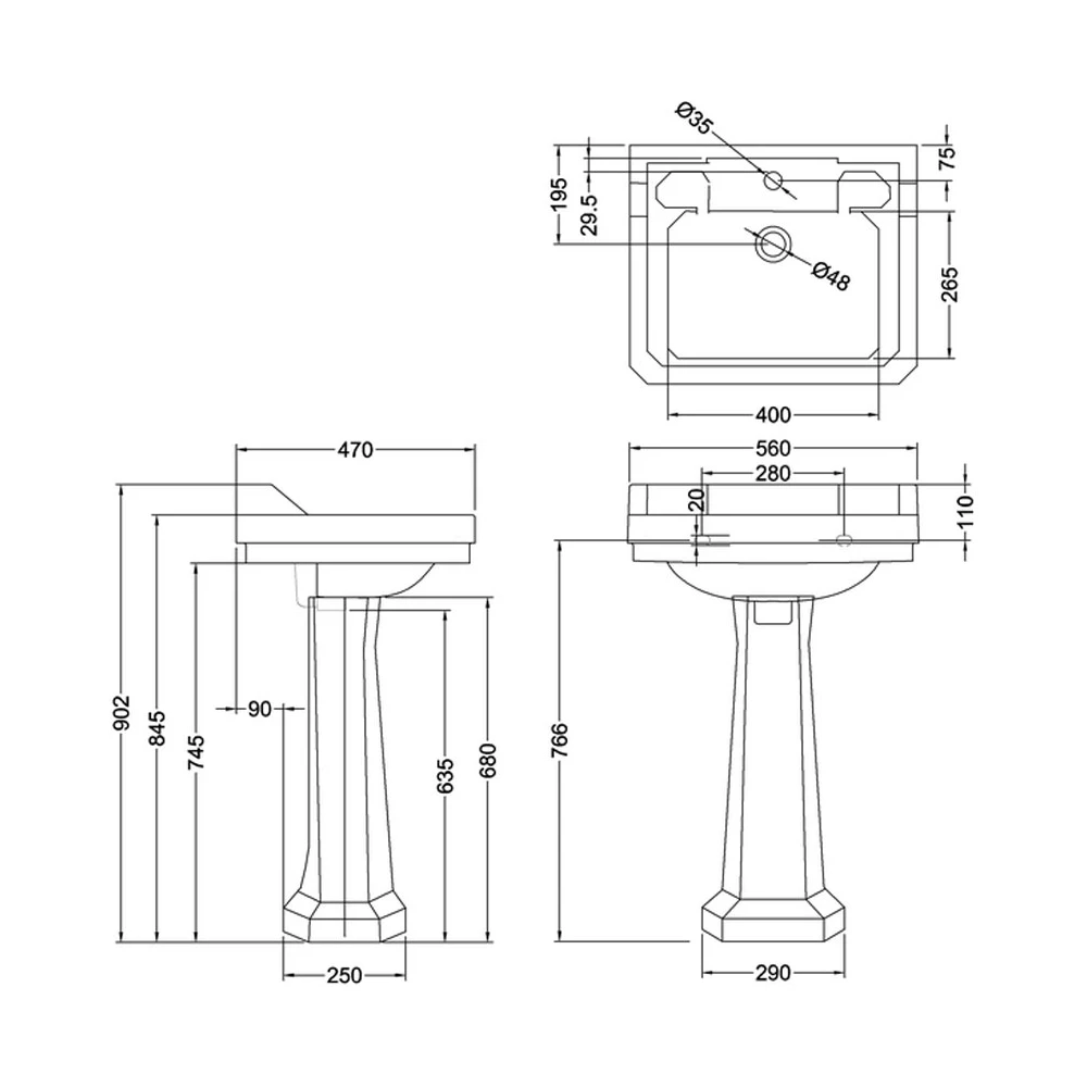 Burlington Edwardian Basin With Full Pedestal 560mm Wide 1 Tap Hole 4 Burlington Edwardian Basin With Full Pedestal 560mm Wide 1 Tap Hole - Image 2