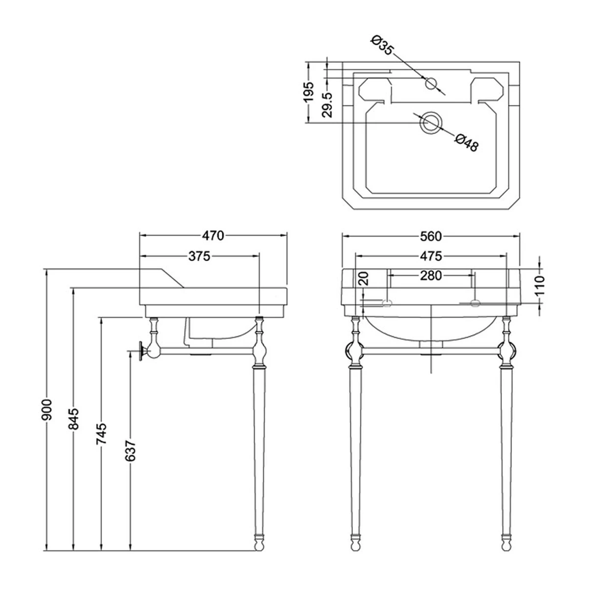 Burlington Edwardian Basin With Chrome Wash Stand 560mm Wide 1 Tap Hole 3 Burlington Edwardian Basin With Chrome Wash Stand 560mm Wide 1 Tap Hole