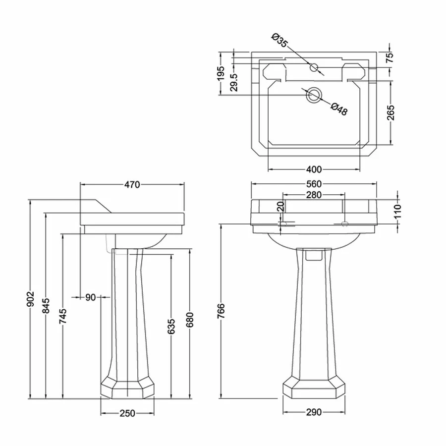 Burlington Edwardian Basin With Full Pedestal 560mm Wide 1 TH - Jet Black 3 Burlington Edwardian Basin With Full Pedestal 560mm Wide 1 TH - Jet Black