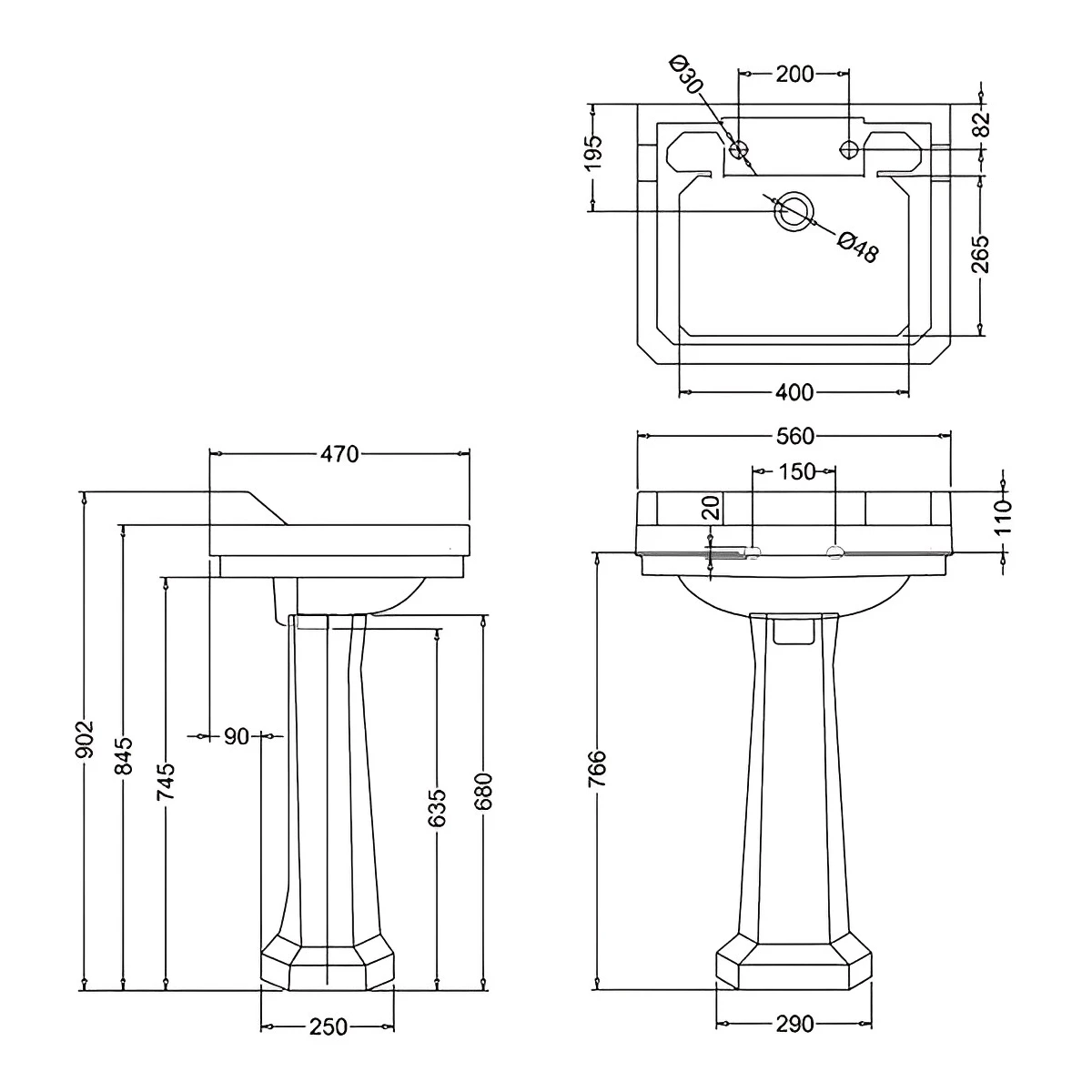 Burlington Edwardian Basin With Full Pedestal 560mm Wide 2 Tap Hole 3 Burlington Edwardian Basin With Full Pedestal 560mm Wide 2 Tap Hole