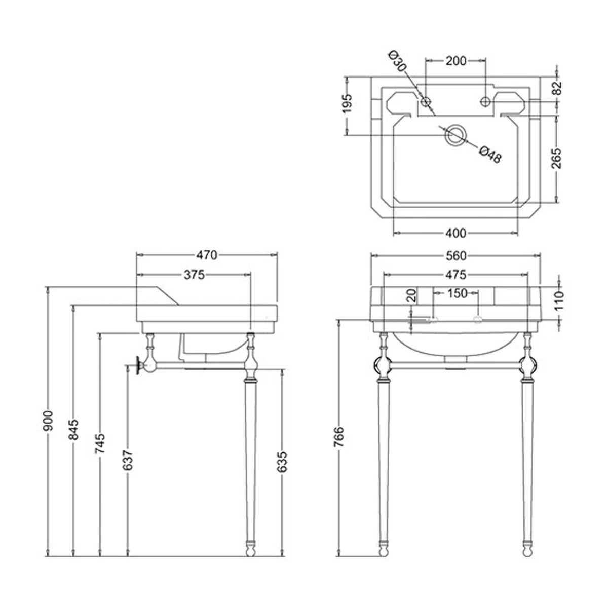 Burlington Edwardian Basin With Chrome Wash Stand 560mm Wide 2 Tap Hole 3 Burlington Edwardian Basin With Chrome Wash Stand 560mm Wide 2 Tap Hole