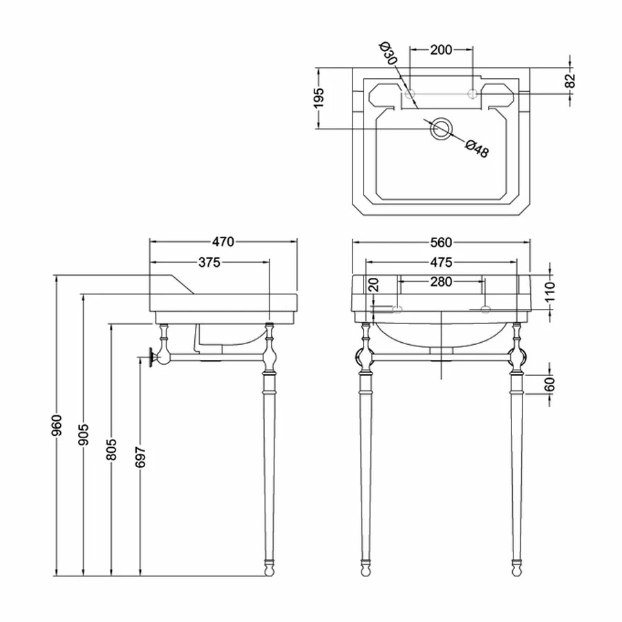 Burlington Edwardian Basin With Regal Chrome Wash Stand 560mm Wide 2 Tap Hole 3 Burlington Edwardian Basin With Regal Chrome Wash Stand 560mm Wide 2 Tap Hole