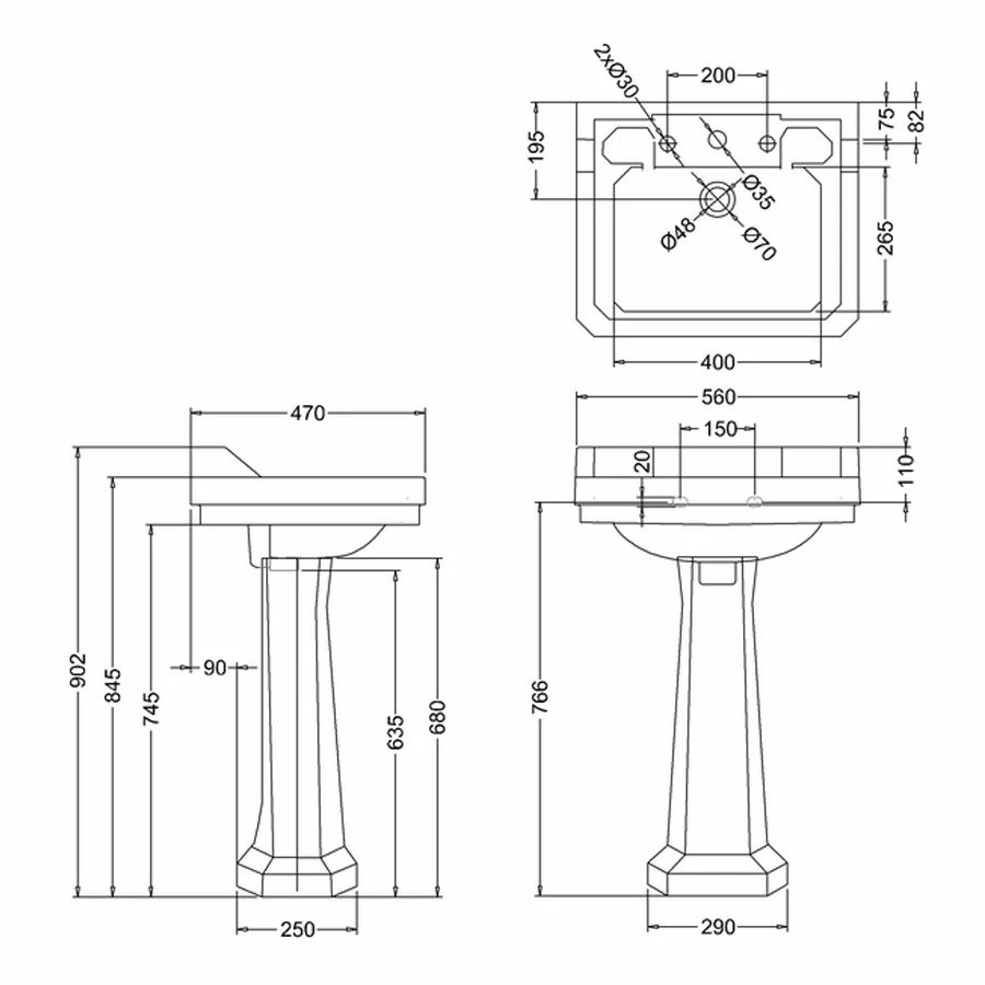 Burlington Edwardian Basin With Full Pedestal 560mm Wide 3 Tap Hole 4 Burlington Edwardian Basin With Full Pedestal 560mm Wide 3 Tap Hole - Image 2