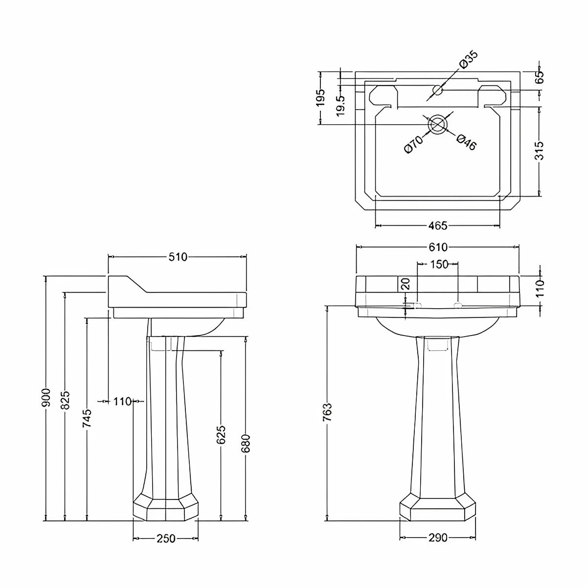 Burlington Edwardian Basin With Full Pedestal 610mm Wide 1 Tap Hole 3 Burlington Edwardian Basin With Full Pedestal 610mm Wide 1 Tap Hole