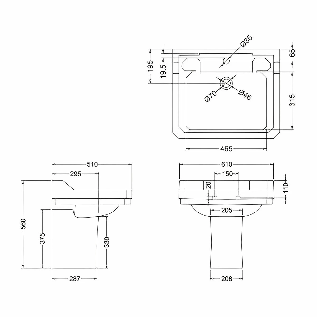 Burlington Edwardian Basin With Semi Pedestal 610mm Wide 1 Tap Hole 4 Burlington Edwardian Basin With Semi Pedestal 610mm Wide 1 Tap Hole - Image 2