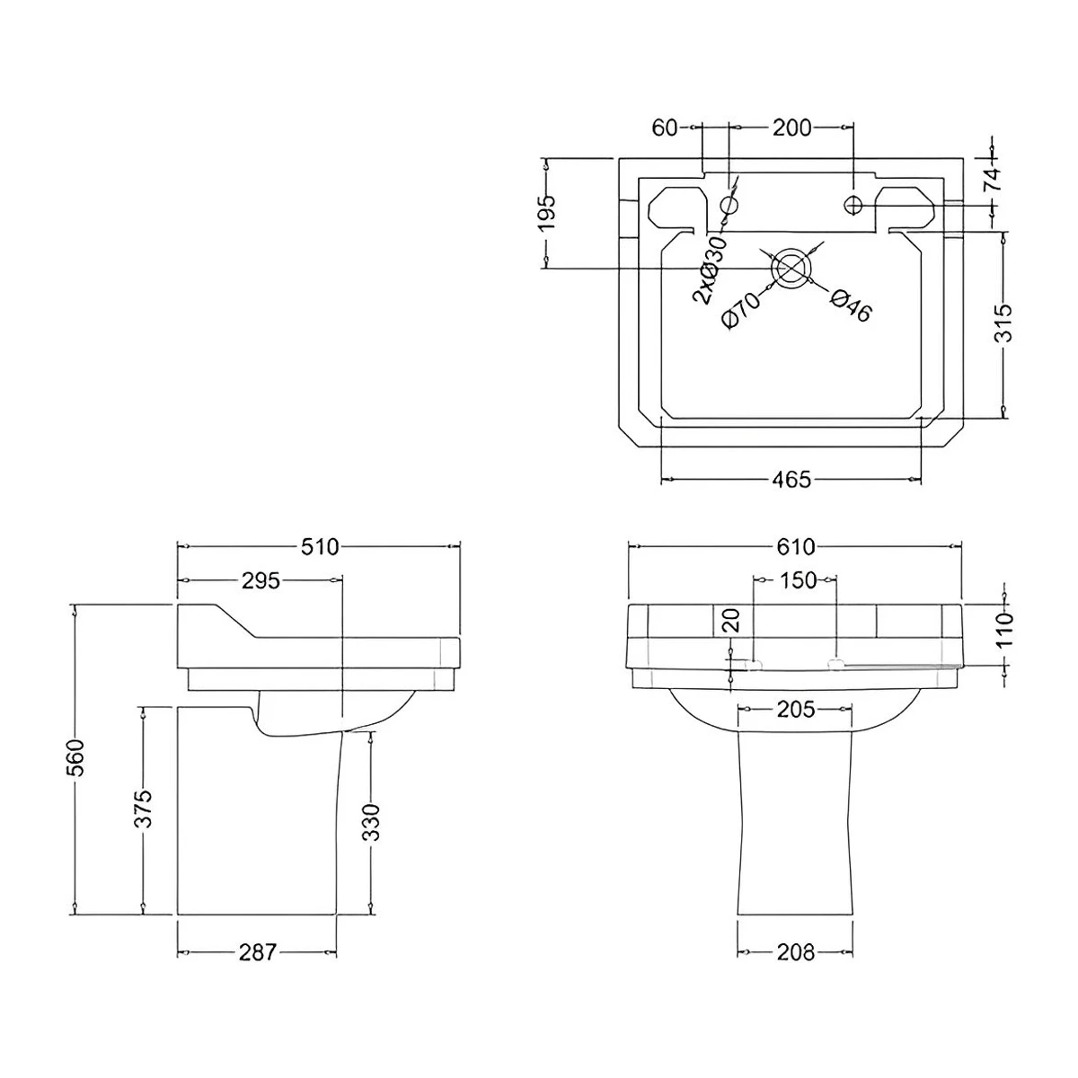 Burlington Edwardian Basin With Semi Pedestal 610mm Wide 2 Tap Hole 4 Burlington Edwardian Basin With Semi Pedestal 610mm Wide 2 Tap Hole - Image 2
