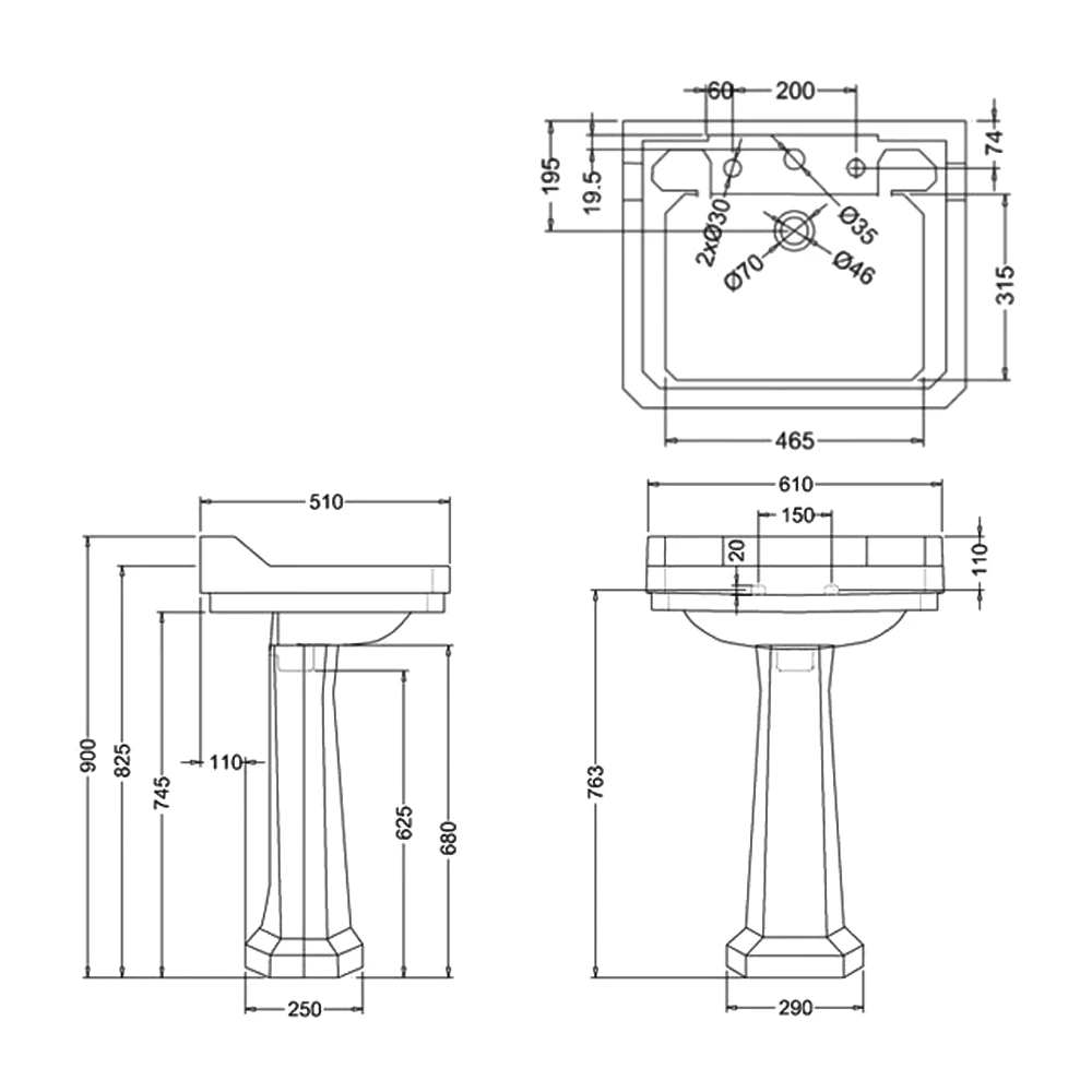 Burlington Edwardian Basin With Full Pedestal 610mm Wide 3 Tap Hole 4 Burlington Edwardian Basin With Full Pedestal 610mm Wide 3 Tap Hole - Image 2