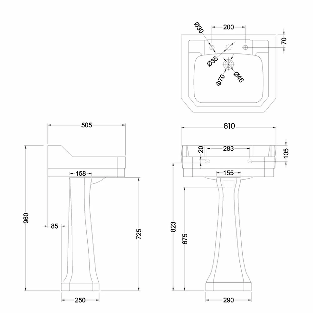 Burlington Edwardian Basin With Regal Full Pedestal 610mm Wide 3 Tap Hole 4 Burlington Edwardian Basin With Regal Full Pedestal 610mm Wide 3 Tap Hole - Image 2