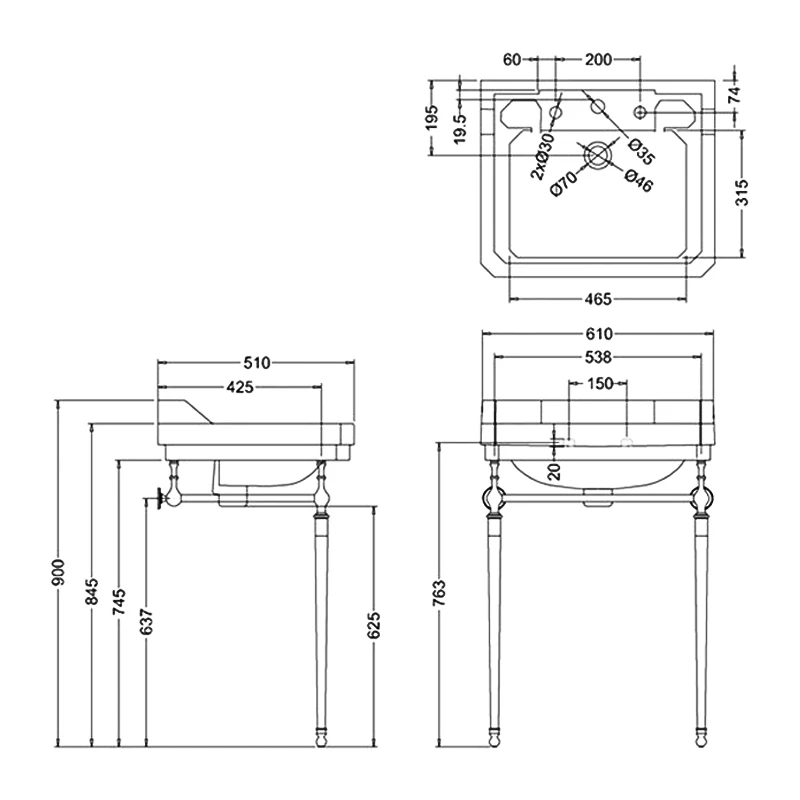 Burlington Edwardian Basin With Chrome Wash Stand 610mm Wide 3 Tap Hole 3 Burlington Edwardian Basin With Chrome Wash Stand 610mm Wide 3 Tap Hole