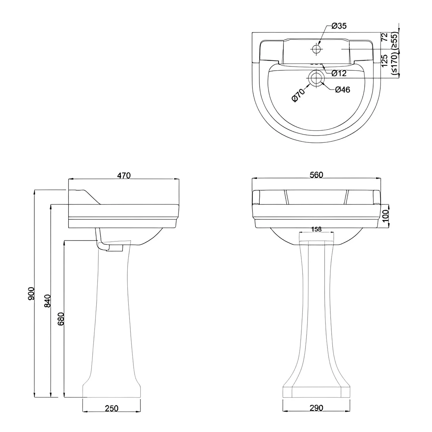 Burlington Edwardian Round Basin With Full Pedestal 560mm Wide 1 Tap Hole 4 Burlington Edwardian Round Basin With Full Pedestal 560mm Wide 1 Tap Hole - Image 2