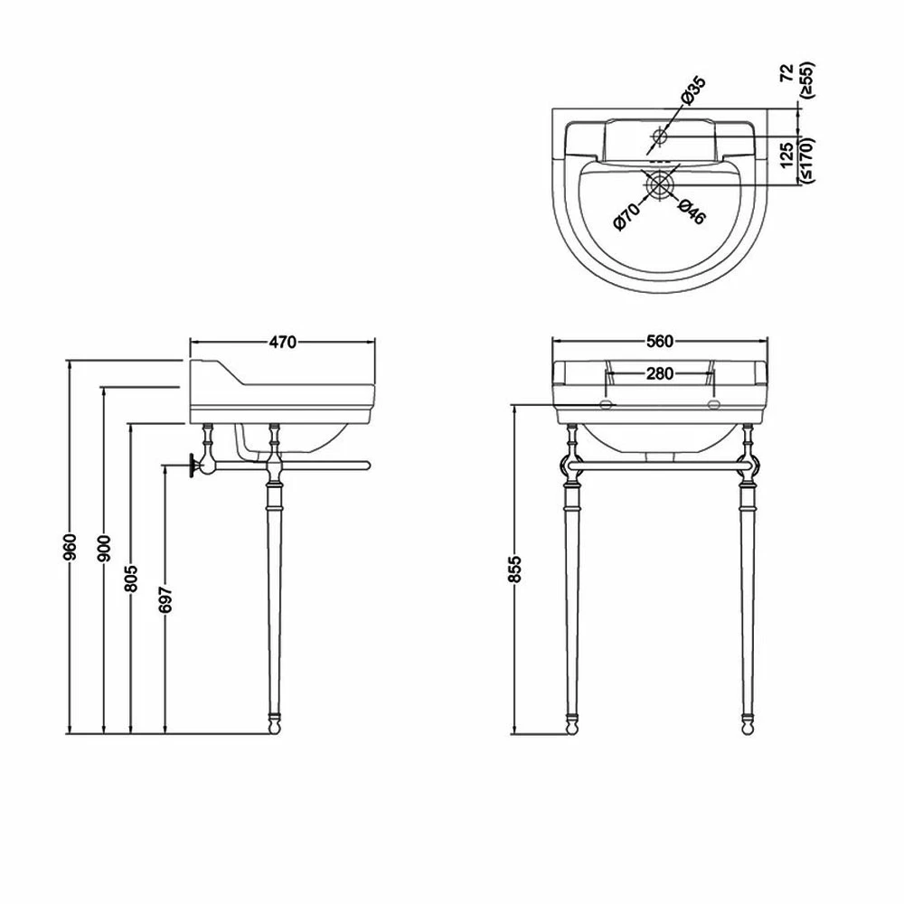 Burlington Edwardian Round Basin With Regal Chrome Wash Stand 560mm Wide 1 Tap Hole 3 Burlington Edwardian Round Basin With Regal Chrome Wash Stand 560mm Wide 1 Tap Hole