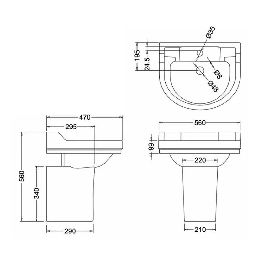 Burlington Edwardian Round Basin With Semi Pedestal 560mm Wide 2 Tap Hole 3 Burlington Edwardian Round Basin With Semi Pedestal 560mm Wide 2 Tap Hole