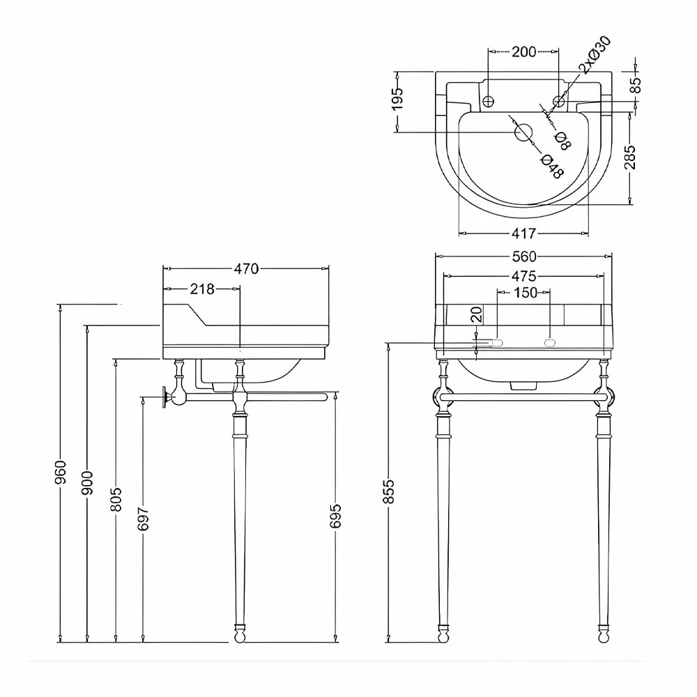 Burlington Edwardian Round Basin With Regal Chrome Wash Stand 560mm Wide 2 Tap Hole 4 Burlington Edwardian Round Basin With Regal Chrome Wash Stand 560mm Wide 2 Tap Hole - Image 2