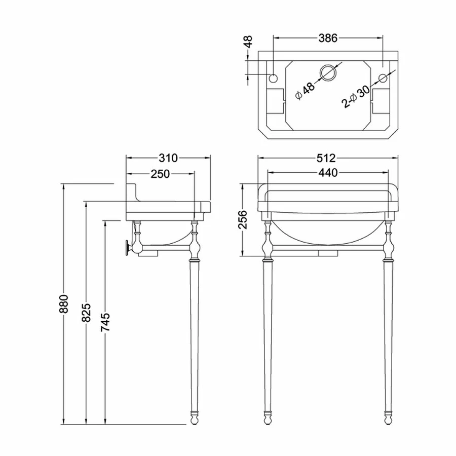 Burlington Edwardian Rectangular Basin With Chrome Wash Stand 510mm Wide 2 Tap Hole 4 Burlington Edwardian Rectangular Basin With Chrome Wash Stand 510mm Wide 2 Tap Hole - Image 2