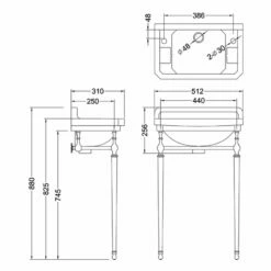 Burlington Edwardian Rectangular Basin With Regal Chrome Wash Stand 510mm Wide 2 Tap Hole