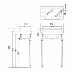 Burlington Edwardian Rectangular Basin With Regal Chrome Wash Stand 510mm Wide RH Tap Hole