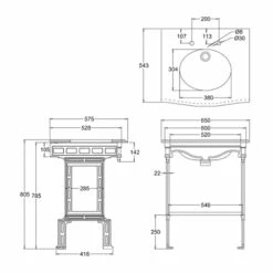 Burlington Georgian Marble Basin With Black Wash Stand And Shelf 650mm Wide 3 Tap Hole