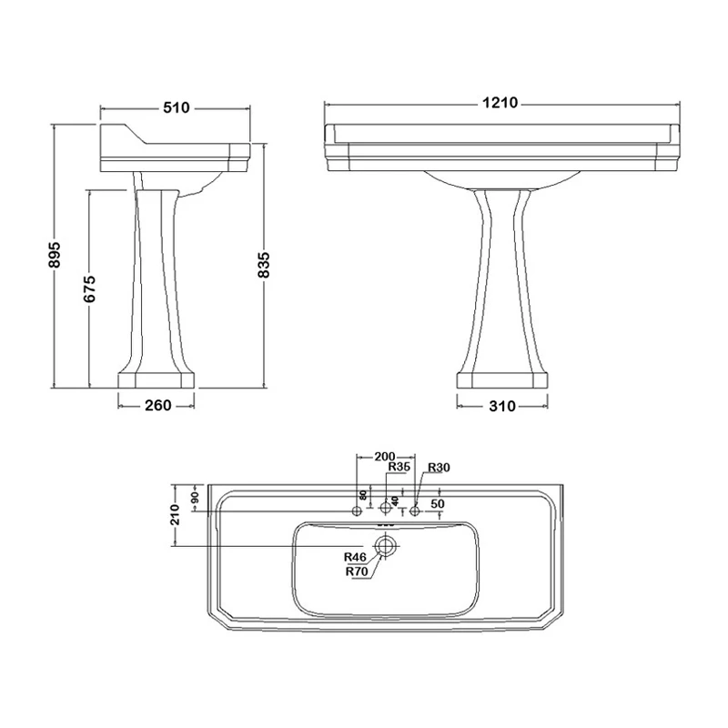 Burlington Edwardian Basin With Full Pedestal 1200mm Wide 3 TH - Jet Black 4 Burlington Edwardian Basin With Full Pedestal 1200mm Wide 3 TH - Jet Black - Image 2