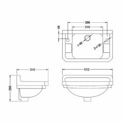 Burlington Edwardian Rectangular Wall Hung Basin 510mm Wide 2 TH - Jet Black