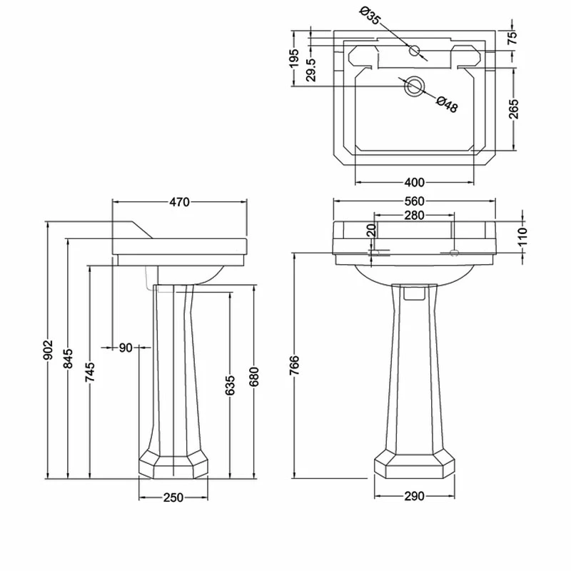 Burlington Edwardian Basin With Full Pedestal 560mm Wide 1 TH - Medici Ivory 4 Burlington Edwardian Basin With Full Pedestal 560mm Wide 1 TH - Medici Ivory - Image 2