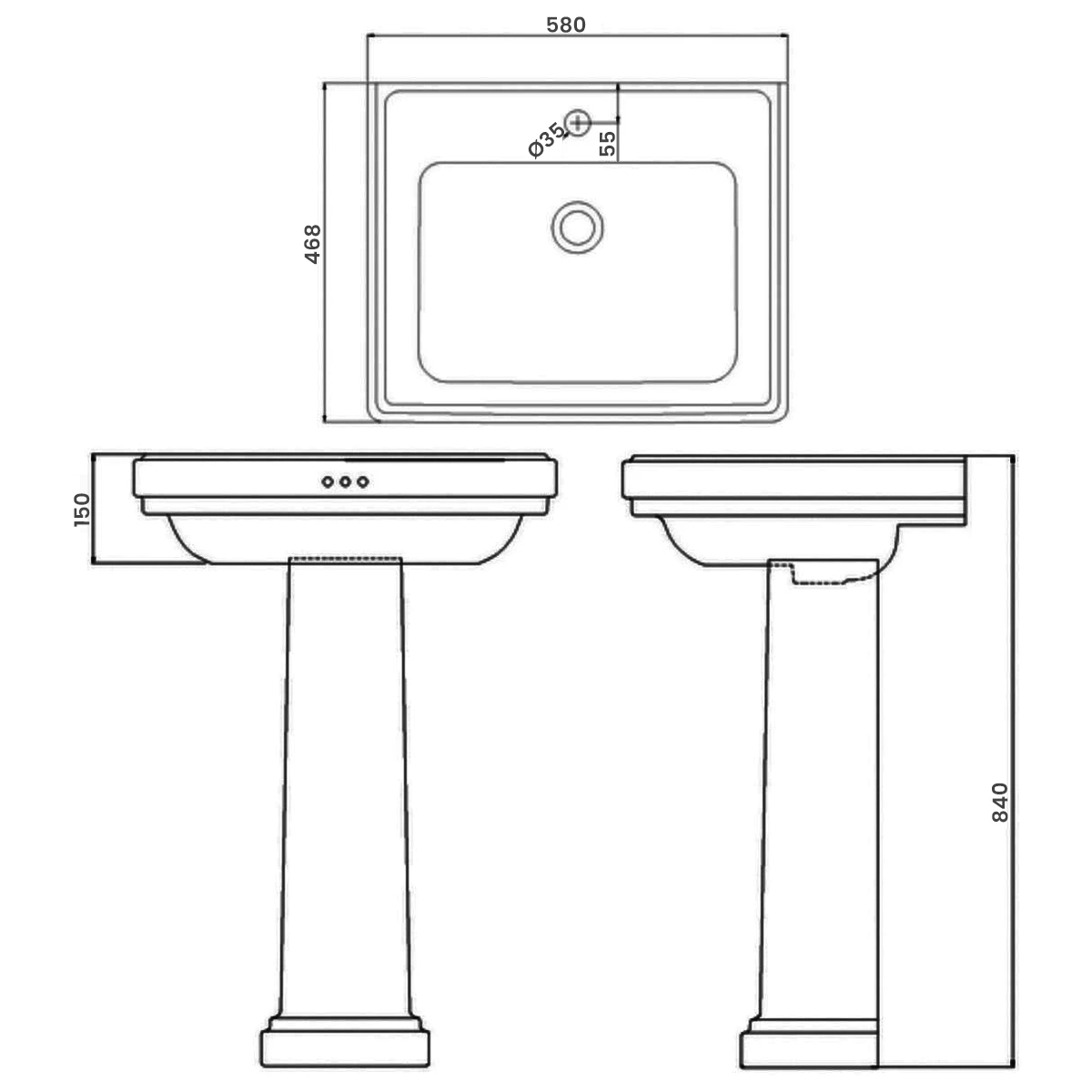 Burlington Riviera Basin With Full Pedestal 580mm Wide - 1 Tap Hole 3 Burlington Riviera Basin With Full Pedestal 580mm Wide - 1 Tap Hole