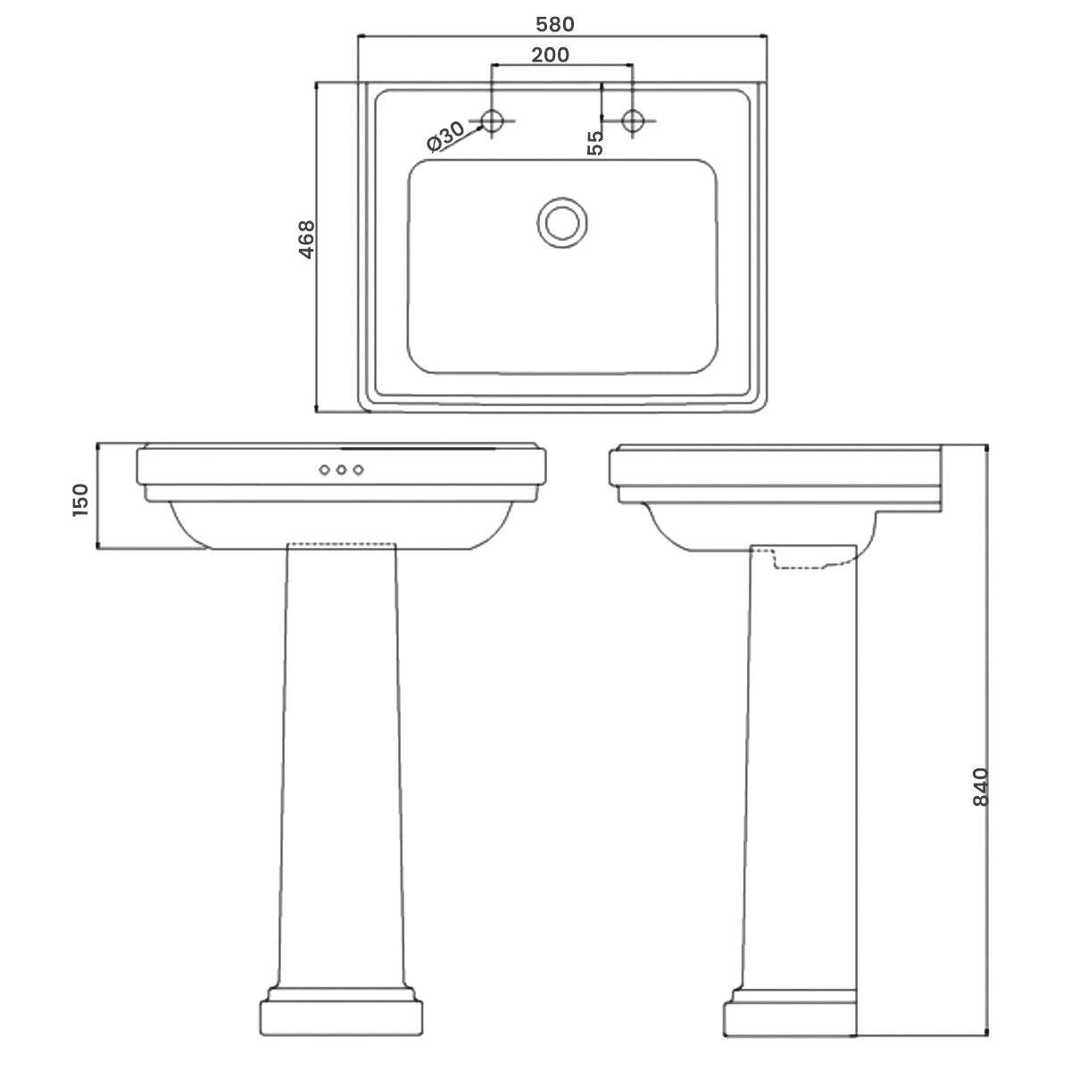 Burlington Riviera Basin With Full Pedestal 580mm Wide - 2 Tap Hole 3 Burlington Riviera Basin With Full Pedestal 580mm Wide - 2 Tap Hole