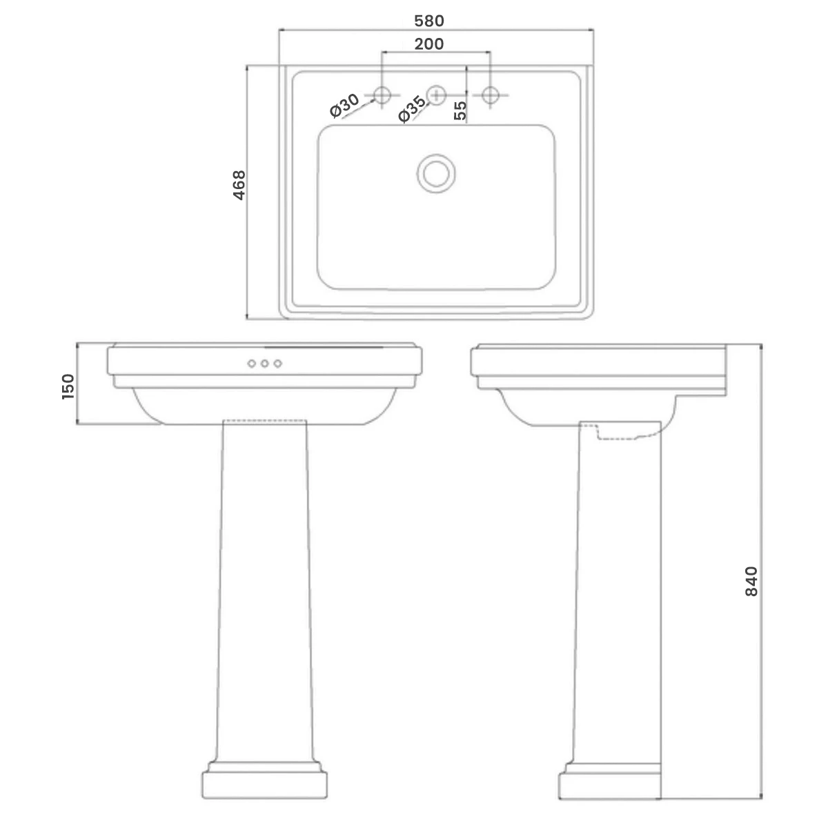 Burlington Riviera Basin With Full Pedestal 580mm Wide - 3 Tap Hole 4 Burlington Riviera Basin With Full Pedestal 580mm Wide - 3 Tap Hole - Image 2