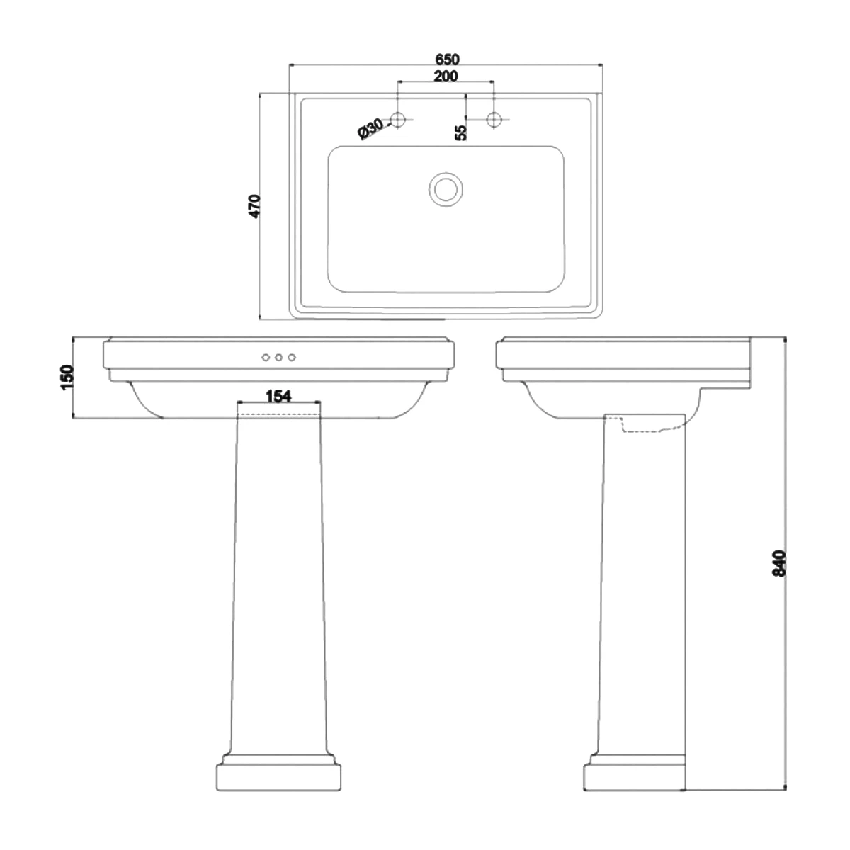 Burlington Riviera Basin With Full Pedestal 650mm Wide - 3 Tap Hole 3 Burlington Riviera Basin With Full Pedestal 650mm Wide - 3 Tap Hole