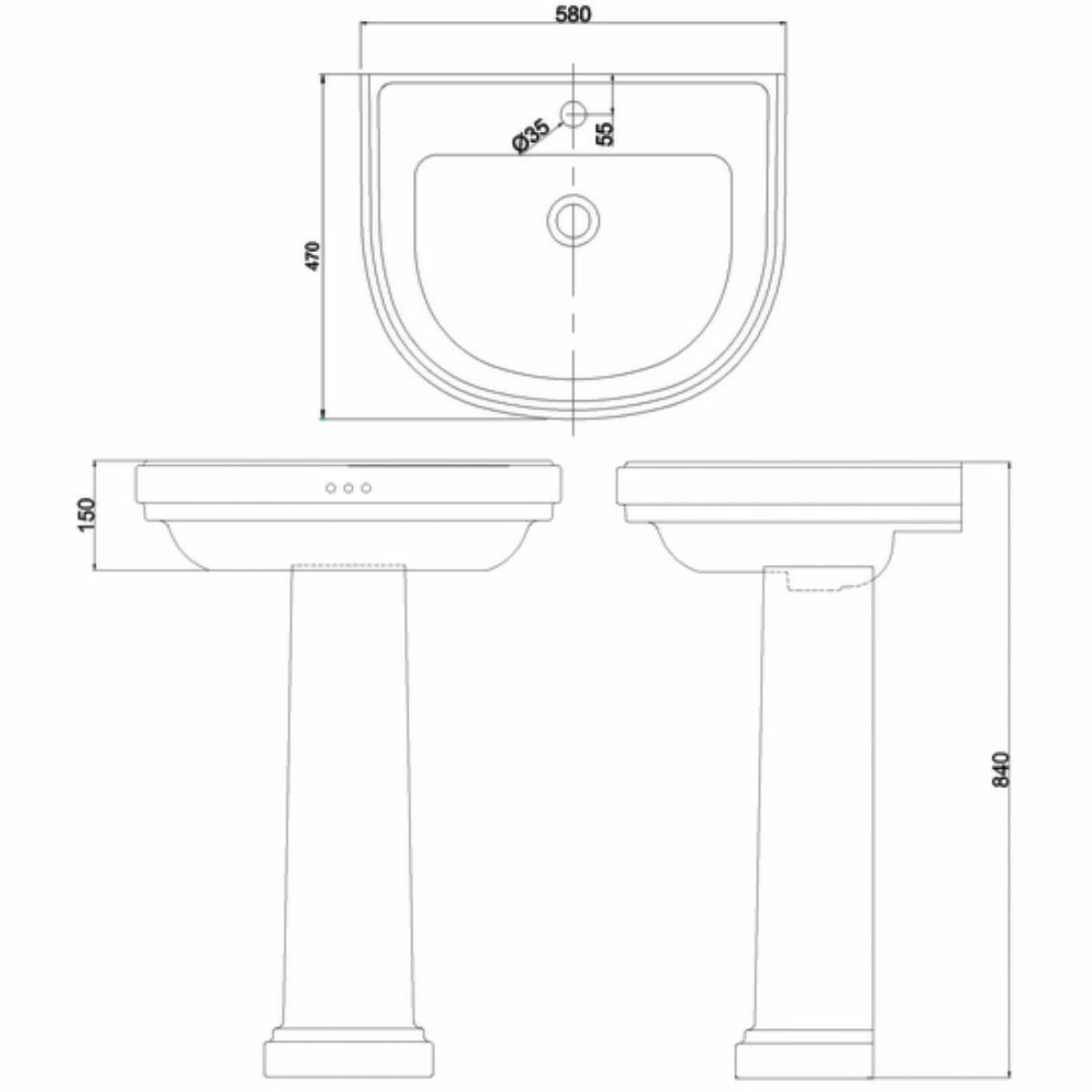 Burlington Riviera Curved Basin With Full Pedestal 580mm Wide - 1 Tap Hole 3 Burlington Riviera Curved Basin With Full Pedestal 580mm Wide - 1 Tap Hole
