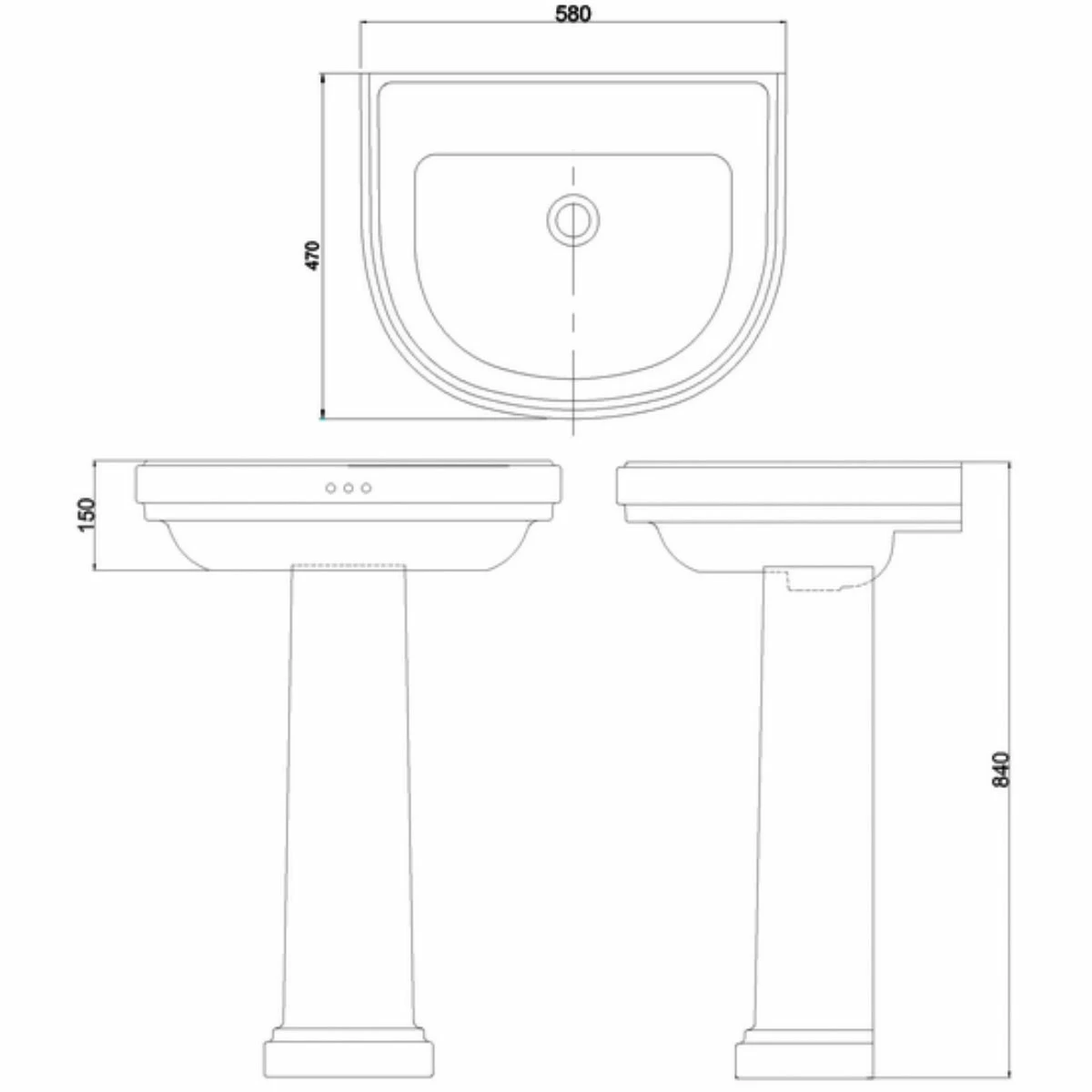 Burlington Riviera Curved Basin With Full Pedestal 580mm Wide - 0 Tap Hole 4 Burlington Riviera Curved Basin With Full Pedestal 580mm Wide - 0 Tap Hole - Image 2