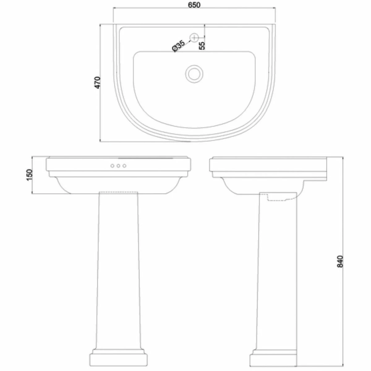 Burlington Riviera Curved Basin With Full Pedestal 650mm Wide - 1 Tap Hole 3 Burlington Riviera Curved Basin With Full Pedestal 650mm Wide - 1 Tap Hole