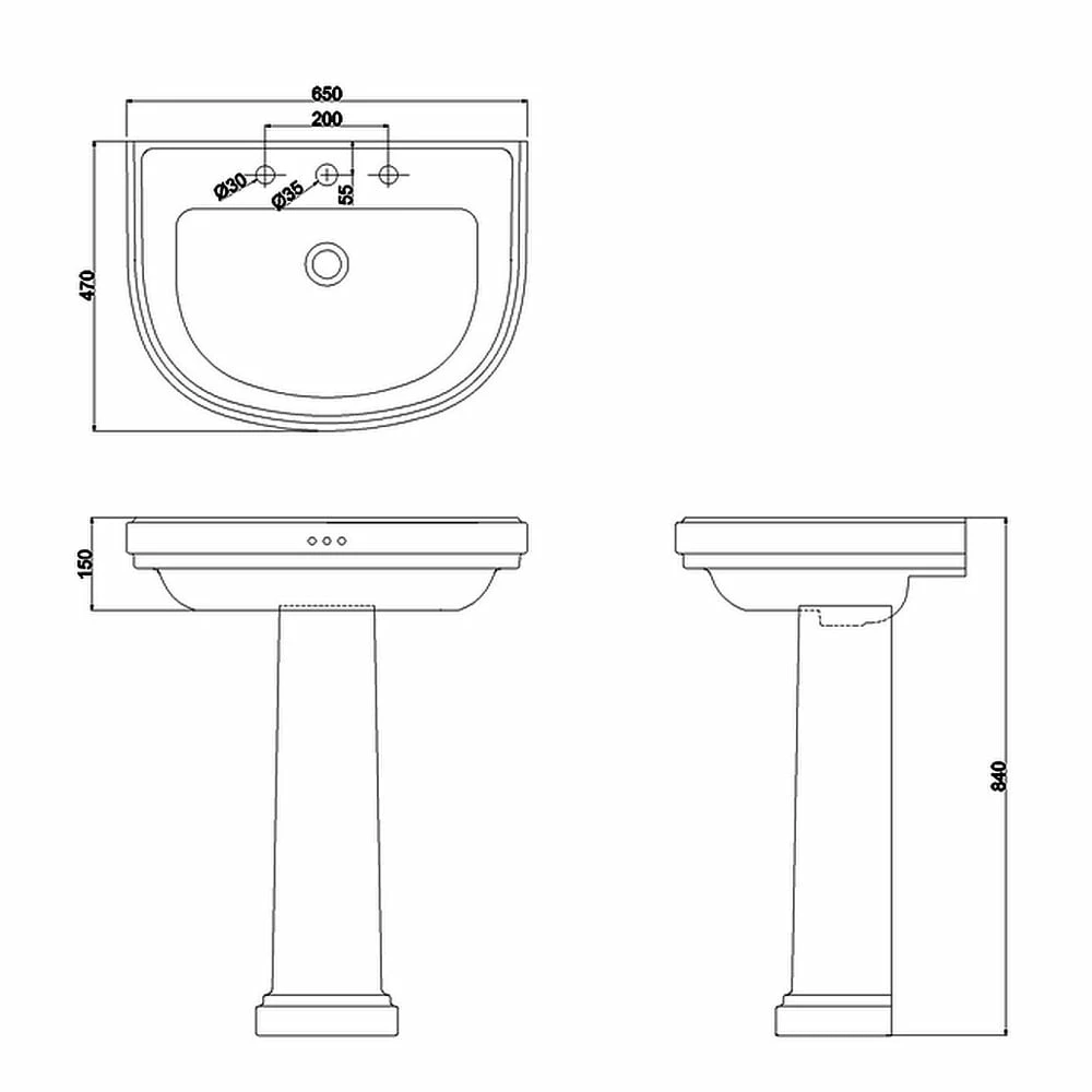 Burlington Riviera Curved Basin With Full Pedestal 650mm Wide - 3 Tap Hole 4 Burlington Riviera Curved Basin With Full Pedestal 650mm Wide - 3 Tap Hole - Image 2