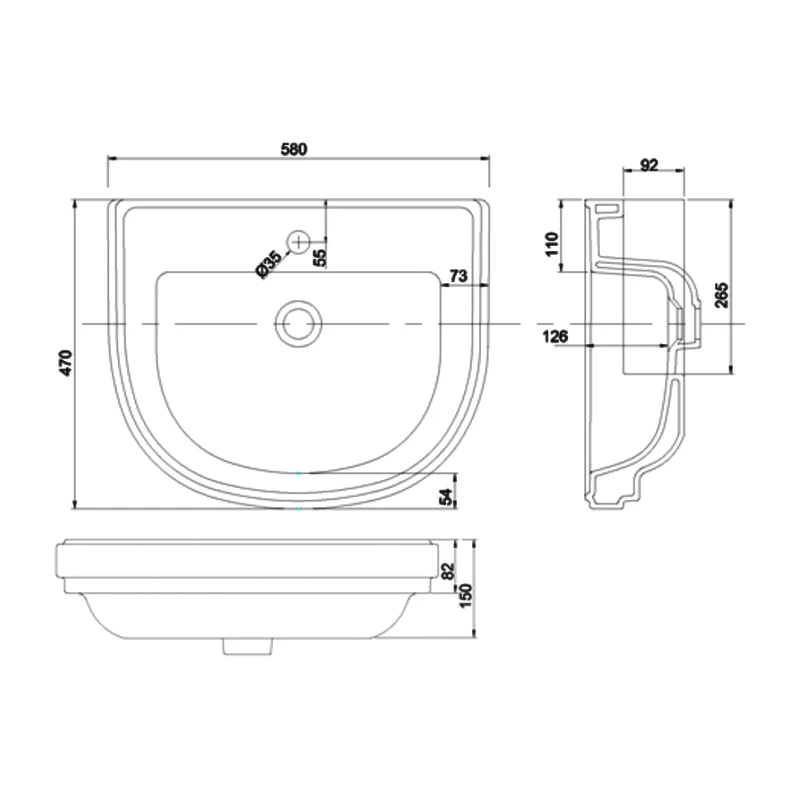 Burlington Riviera Semi-Recessed Basin 580mm Wide - 1 Tap Hole 3 Burlington Riviera Semi-Recessed Basin 580mm Wide - 1 Tap Hole