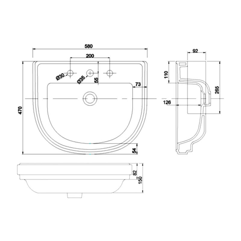 Burlington Riviera Semi-Recessed Basin 580mm Wide - 3 Tap Hole 4 Burlington Riviera Semi-Recessed Basin 580mm Wide - 3 Tap Hole - Image 2